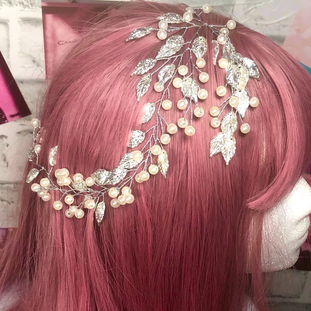 Beautiful Decorative Headpiece, of Faux Pearls and Hammered Silver Leaves.